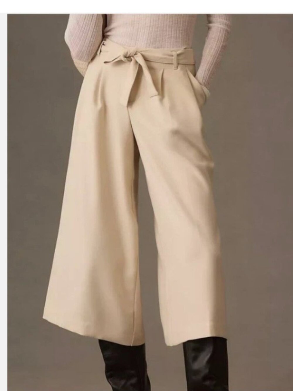 Anthropologie Maeve Tie-Waist Culottes Pleated Wide Leg Crop Pants Ivory Size 10